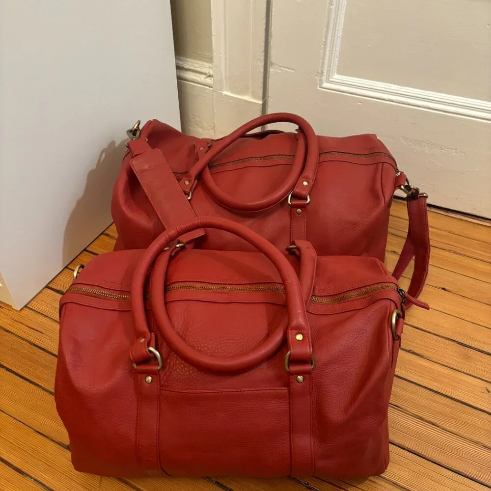 Leather Traveler Bags Hand Dyed Dark Red Carry On Travel Medium & Small size - Picture 10 of 15